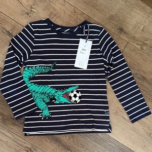 Joules Navy and White Striped Long Sleeve Tee with Crocodile Soccer Graphic